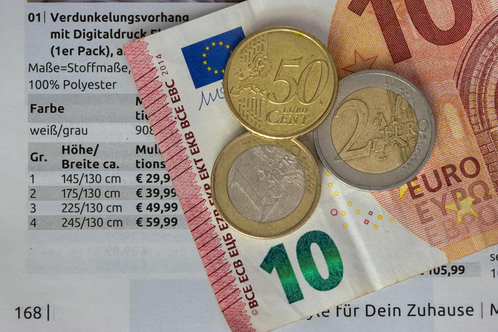 Monety i banknoty euro leżące na kartce z cenami narzędzi